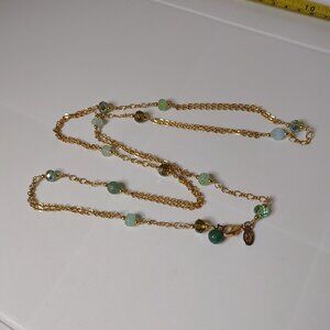 Long 36 Inch Cookie Lee Gold Tone Necklace With Green Glass Beads